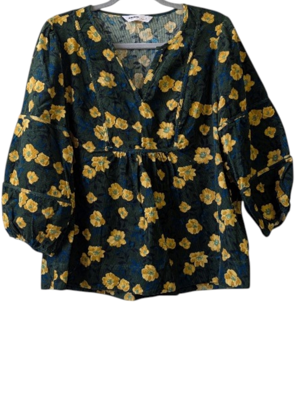 SONOMA GOODS FOR LIFE WOMEN'S DARK GREEN FLORAL CORDUROY PEASANT BLOUSE SIZE XL